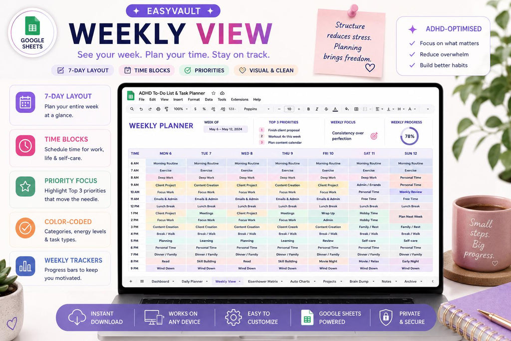 ADHD Task Planner Google Sheets | Daily Weekly Eisenhower Matrix Tracker