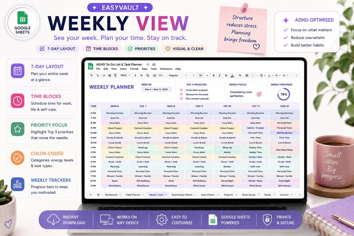 ADHD Task Planner Google Sheets | Daily Weekly Eisenhower Matrix Tracker