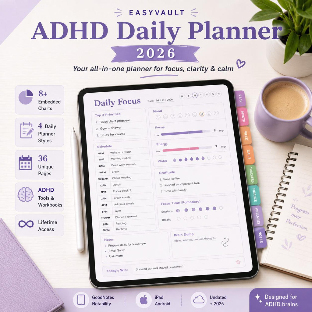 2026 ADHD Daily Planner | Google Sheets, Mood Tracking, Charts (Digital Download)