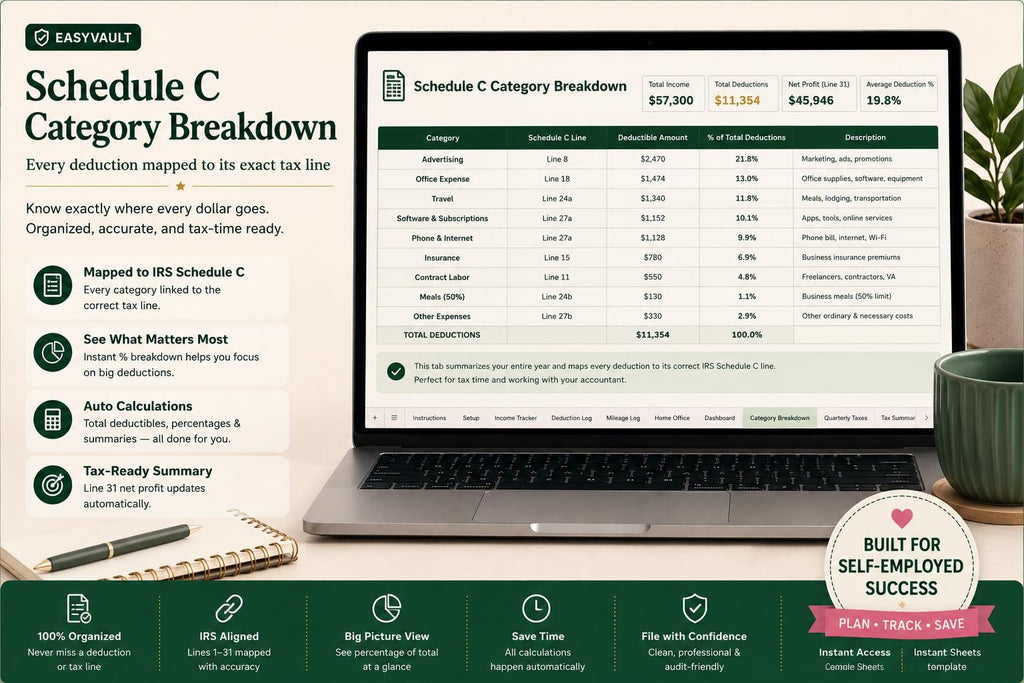Self-Employed Tax Deduction Tracker: 1099 Freelancer Schedule C Expense Calculator (Google Sheets)