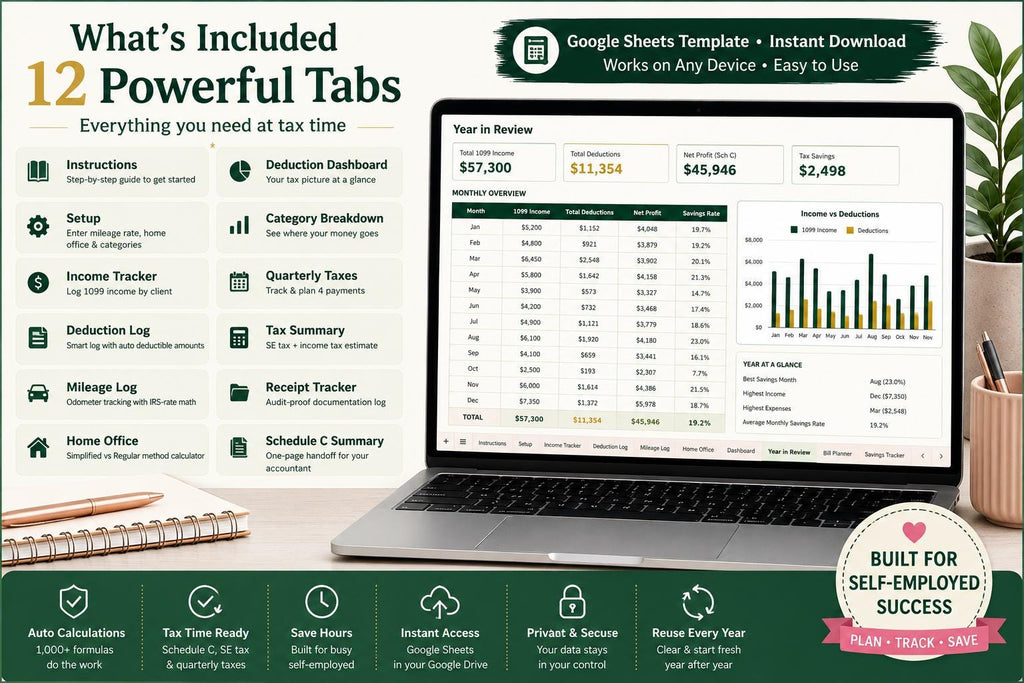 Self-Employed Tax Deduction Tracker: 1099 Freelancer Schedule C Expense Calculator (Google Sheets)