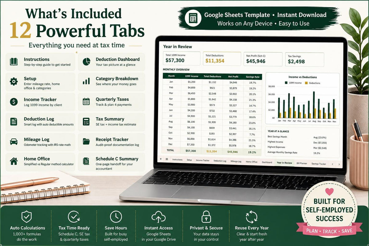 Self-Employed Tax Deduction Tracker: 1099 Freelancer Schedule C Expense Calculator (Google Sheets)