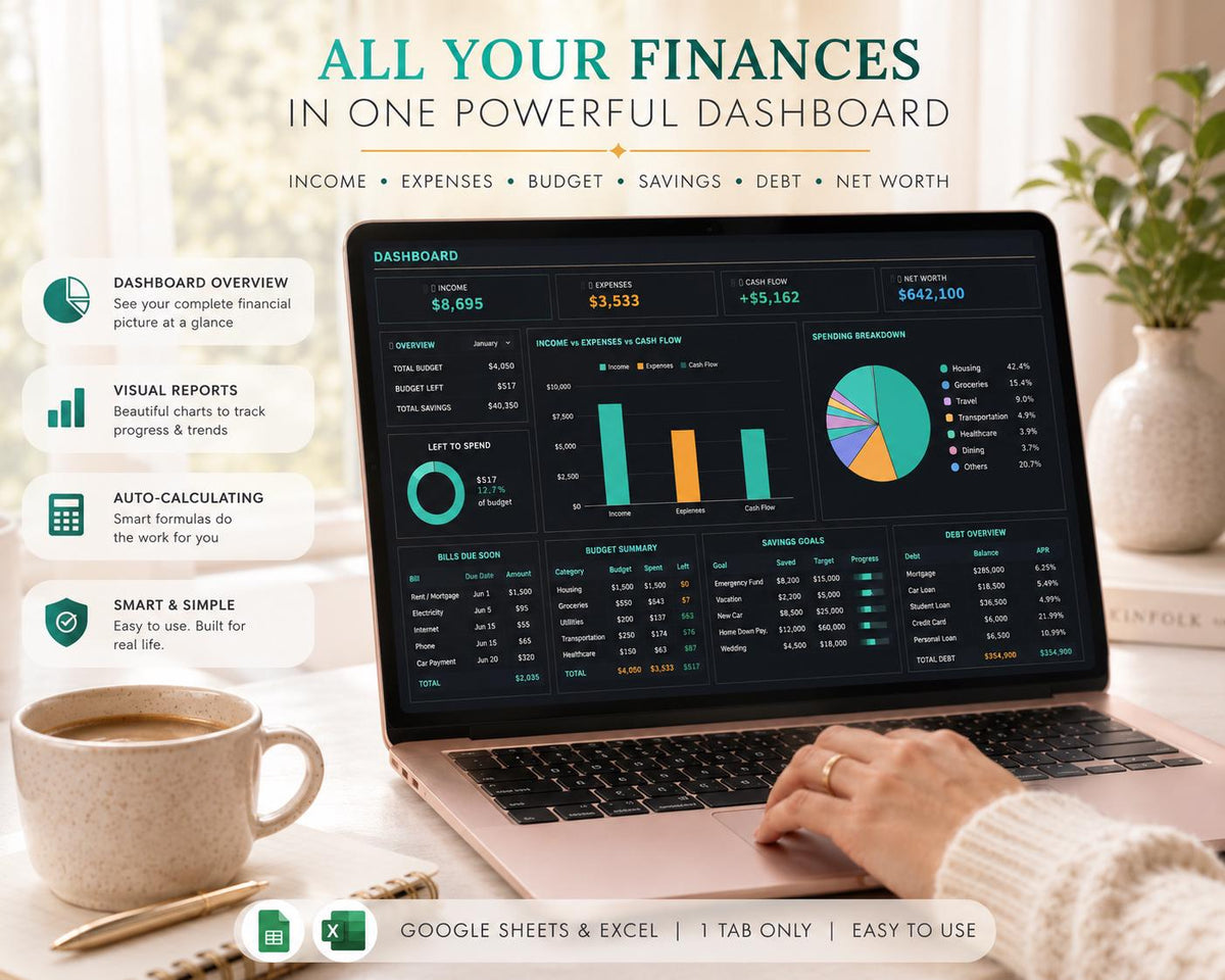 Dark Mode Personal Finance Dashboard: All-in-One Budget Tracker (Google Sheets)