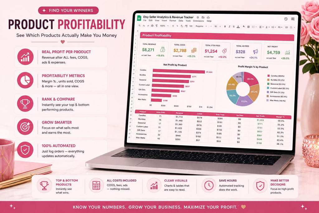 Etsy Seller Analytics Revenue Tracker Spreadsheet (Google Sheets, Excel)