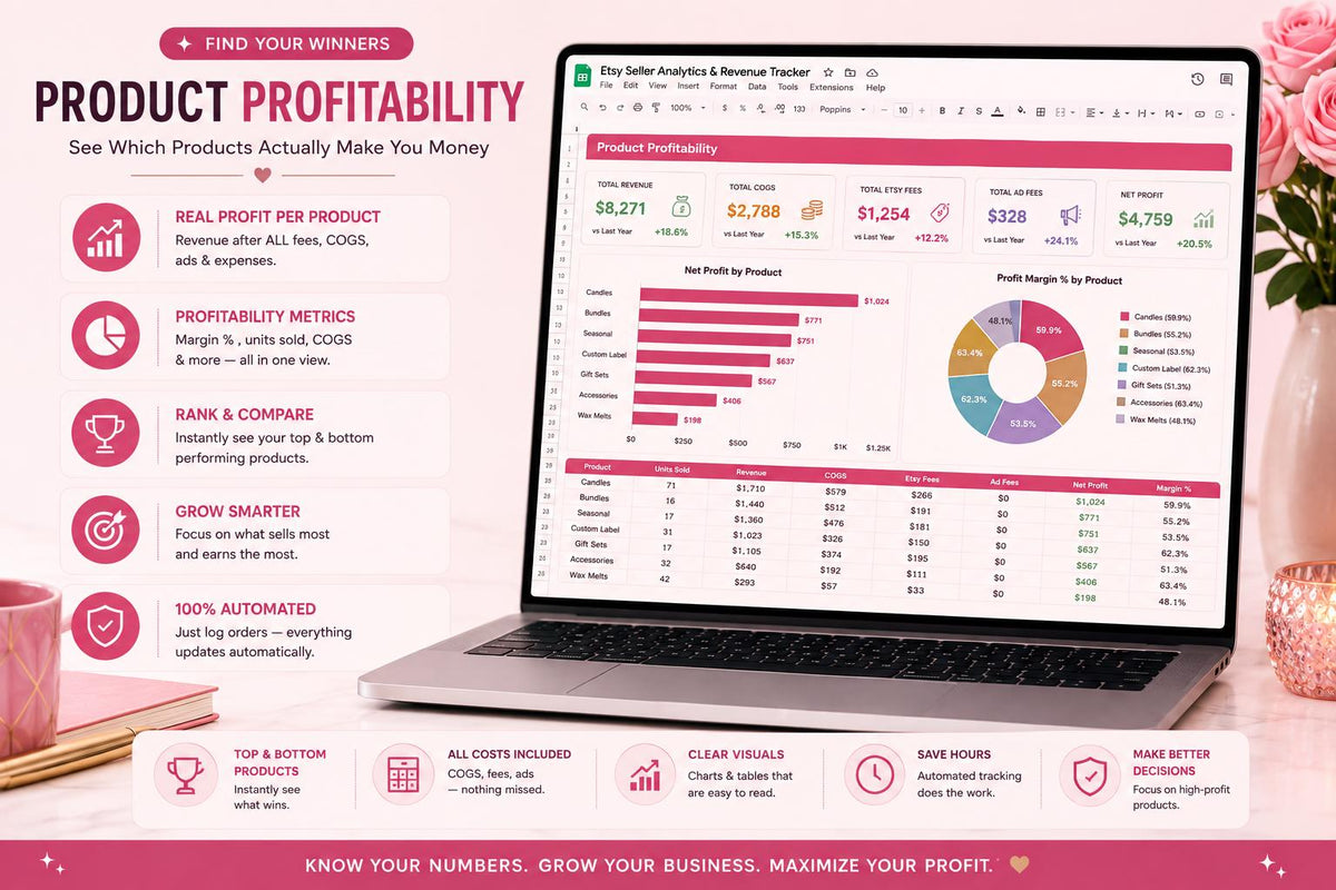 Etsy Seller Analytics Revenue Tracker Spreadsheet (Google Sheets, Excel)