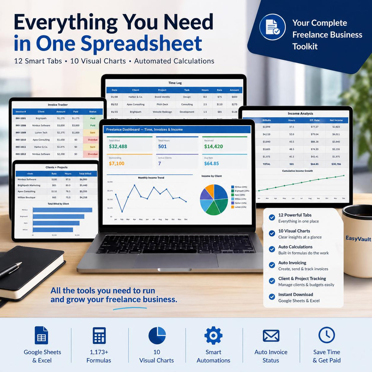 Freelancer Time Tracker: Google Sheets & Excel Invoice Generator (Digital Download)