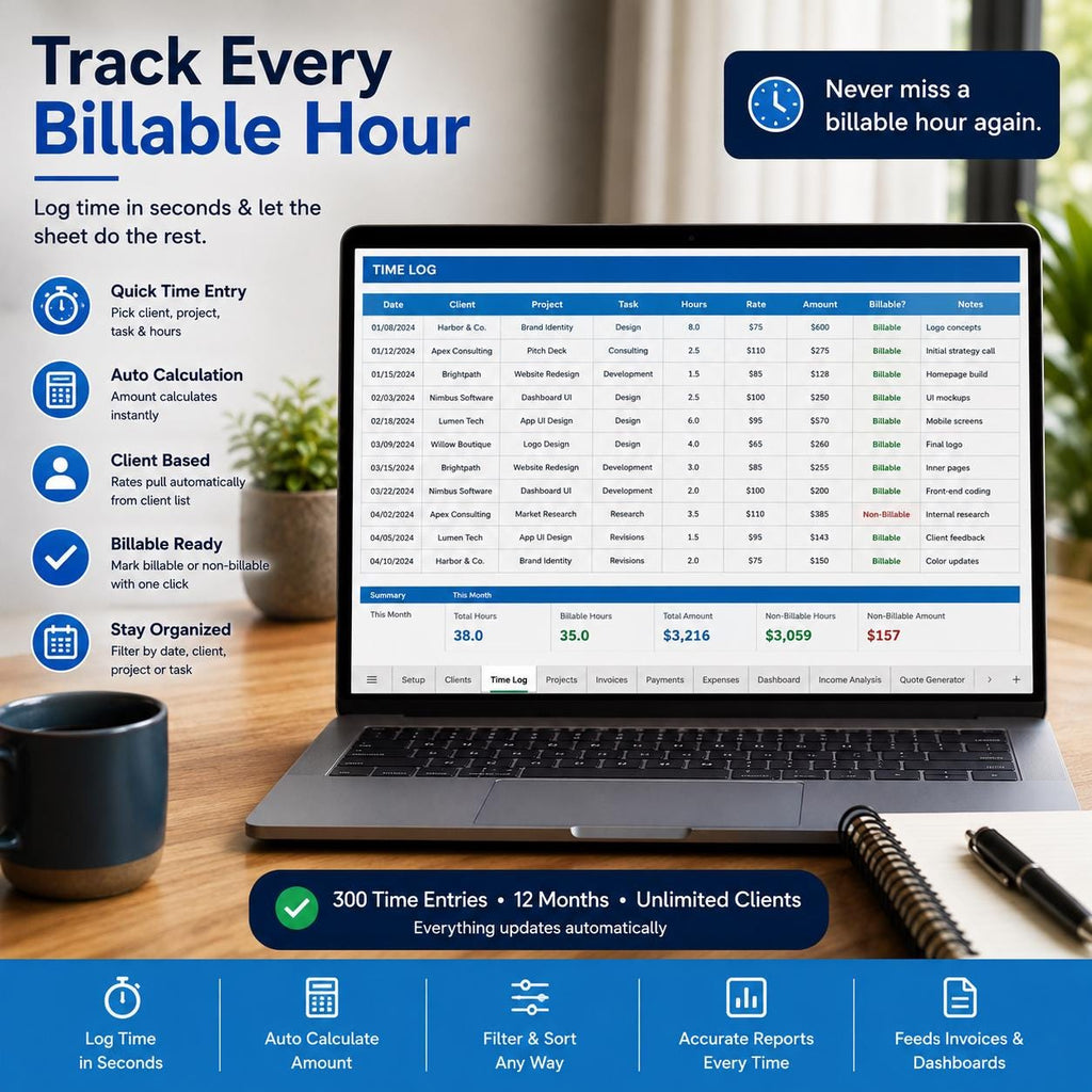 Freelancer Time Tracker: Google Sheets & Excel Invoice Generator (Digital Download)