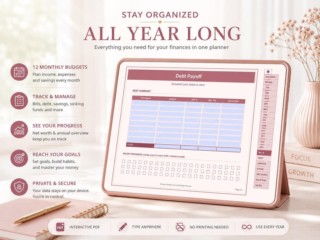 Money Mastery Annual Budget Planner: Fillable PDF, Rose Gold Design (Digital Download)
