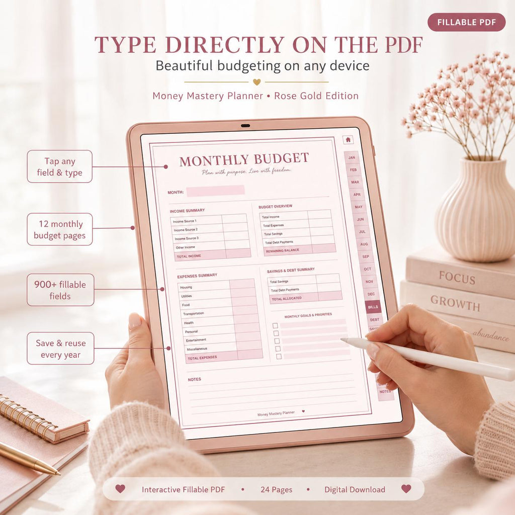 Money Mastery Annual Budget Planner: Fillable PDF, Rose Gold Design (Digital Download)