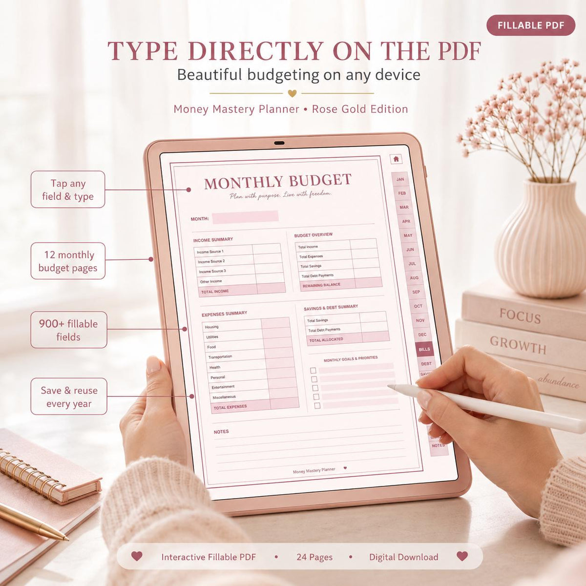 Money Mastery Annual Budget Planner: Fillable PDF, Rose Gold Design (Digital Download)