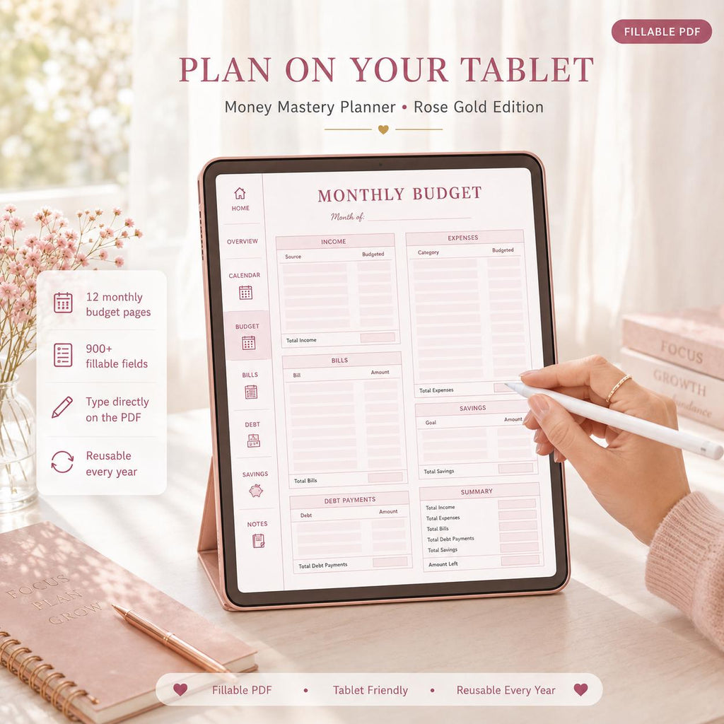Money Mastery Annual Budget Planner: Fillable PDF, Rose Gold Design (Digital Download)