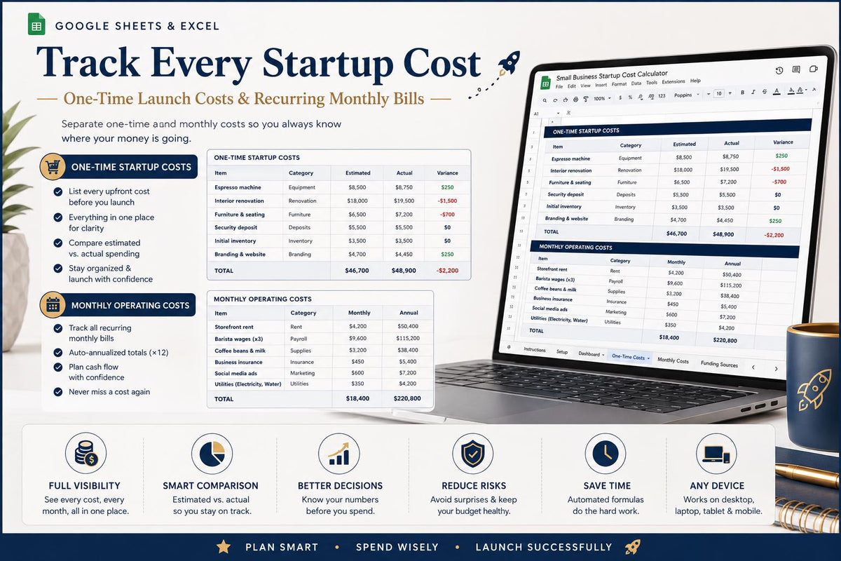 Small Business Startup Cost Calculator: Budget, Funding, Cash Runway (Google Sheets/Excel)