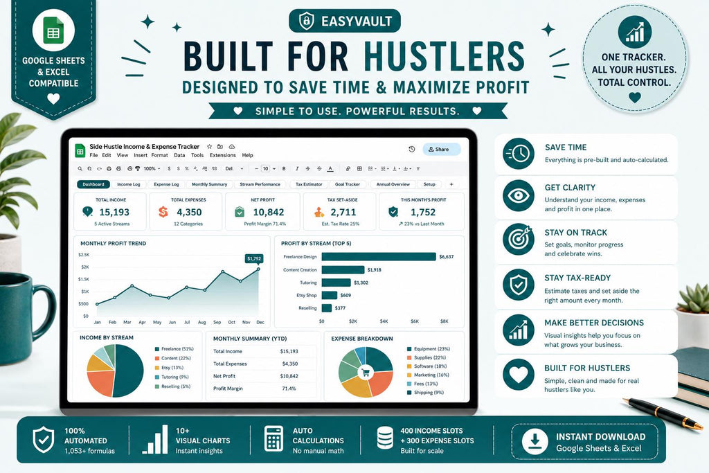 Side Hustle Income & Expense Tracker: Multi-Stream Profit, Tax Estimator (Google Sheets, Excel)