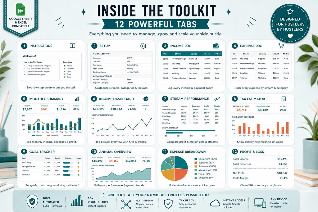 Side Hustle Income & Expense Tracker: Multi-Stream Profit, Tax Estimator (Google Sheets, Excel)