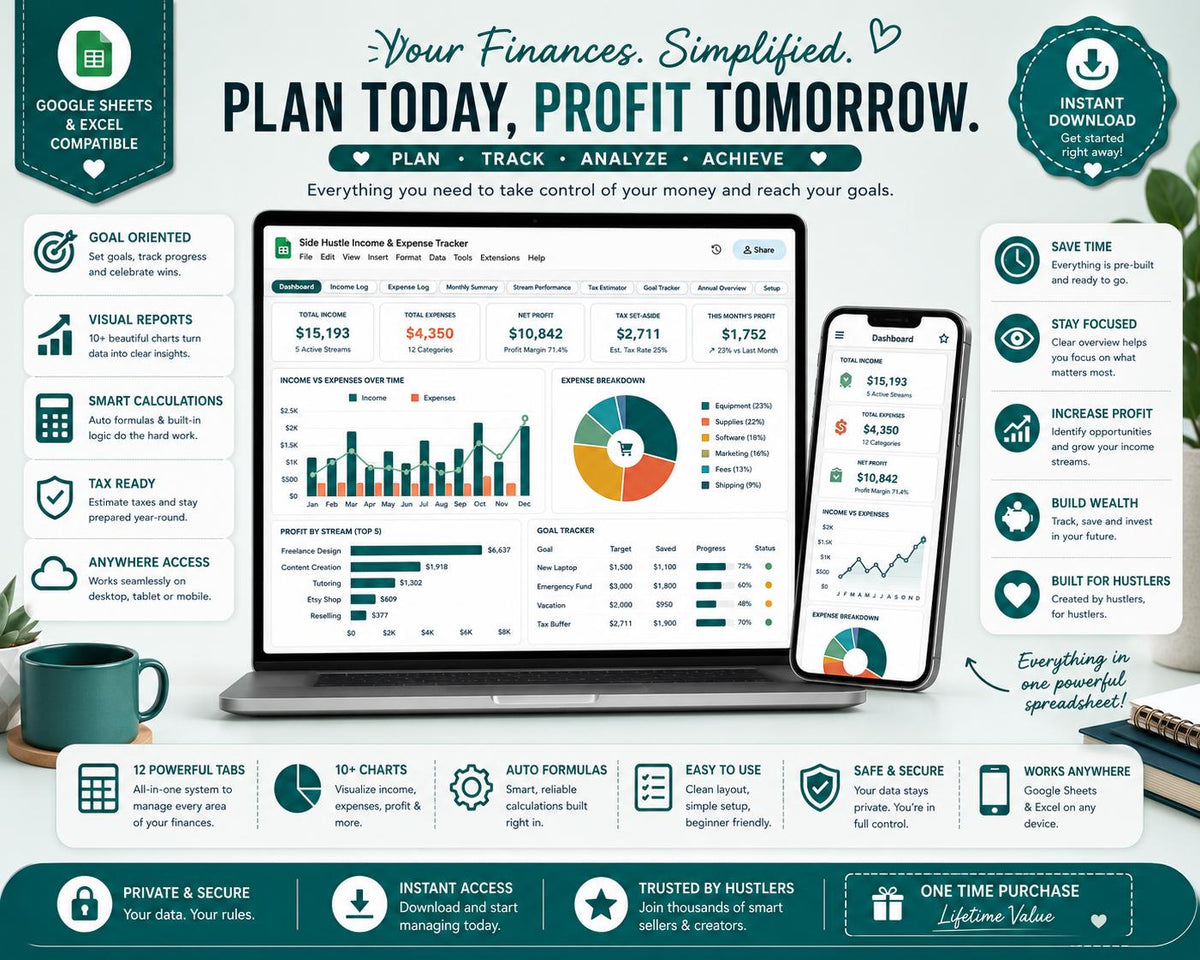 Side Hustle Income & Expense Tracker: Multi-Stream Profit, Tax Estimator (Google Sheets, Excel)