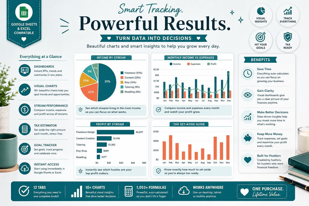Side Hustle Income & Expense Tracker: Multi-Stream Profit, Tax Estimator (Google Sheets, Excel)