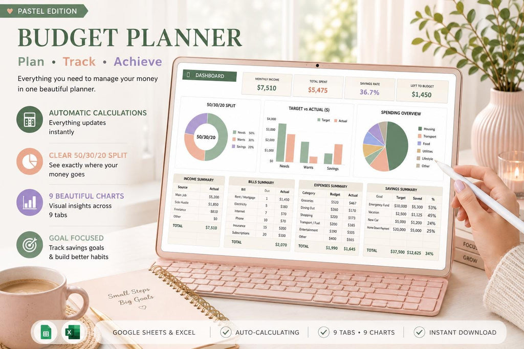 50/30/20 Budget Spreadsheet: Monthly Paycheck Planner (Google Sheets)