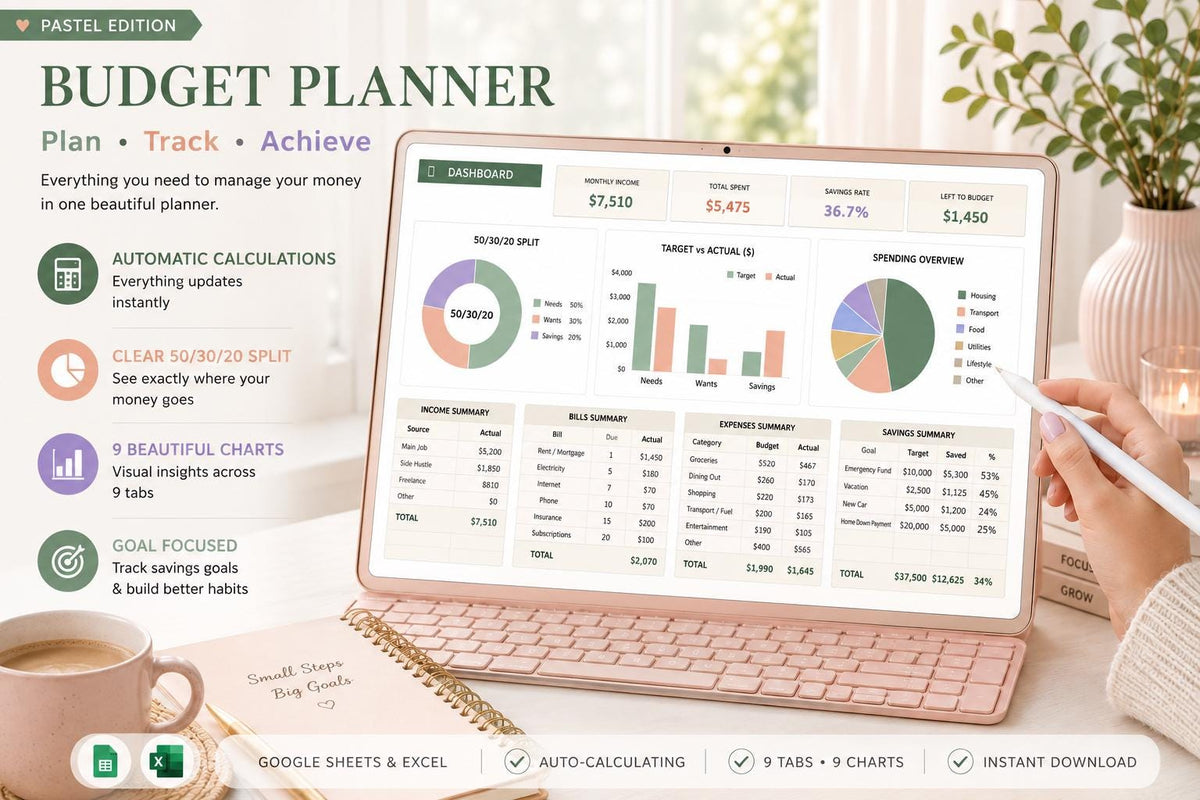 50/30/20 Budget Spreadsheet: Monthly Paycheck Planner (Google Sheets)