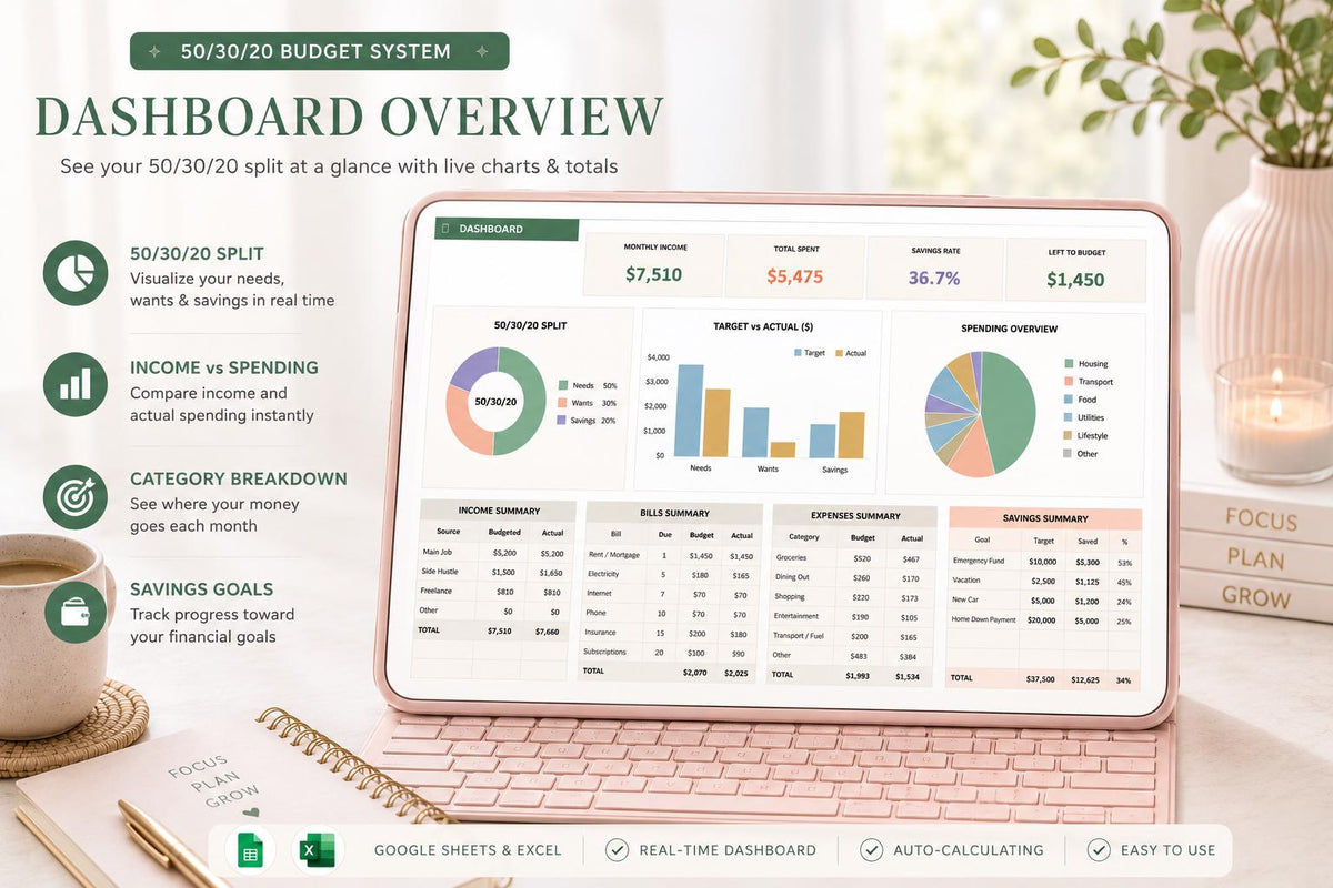 50/30/20 Budget Spreadsheet: Monthly Paycheck Planner (Google Sheets)