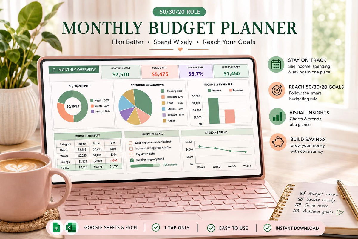 50/30/20 Budget Spreadsheet: Monthly Paycheck Planner (Google Sheets)
