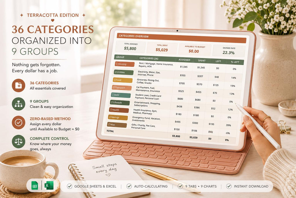 Zero-Based Budget Spreadsheet: Terracotta Edition, Google Sheets, 9 Charts (Digital Download)