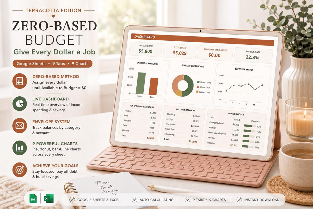 Zero-Based Budget Spreadsheet: Terracotta Edition, Google Sheets, 9 Charts (Digital Download)