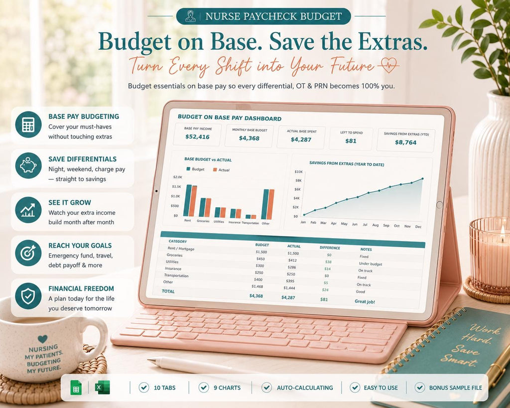Nurse Paycheck Budget Spreadsheet: Shift Income Planner, RN Salary Tracker (Google Sheets)