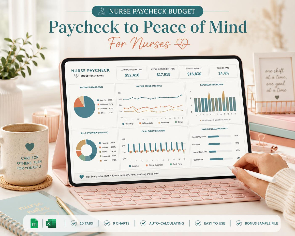 Nurse Paycheck Budget Spreadsheet: Shift Income Planner, RN Salary Tracker (Google Sheets)