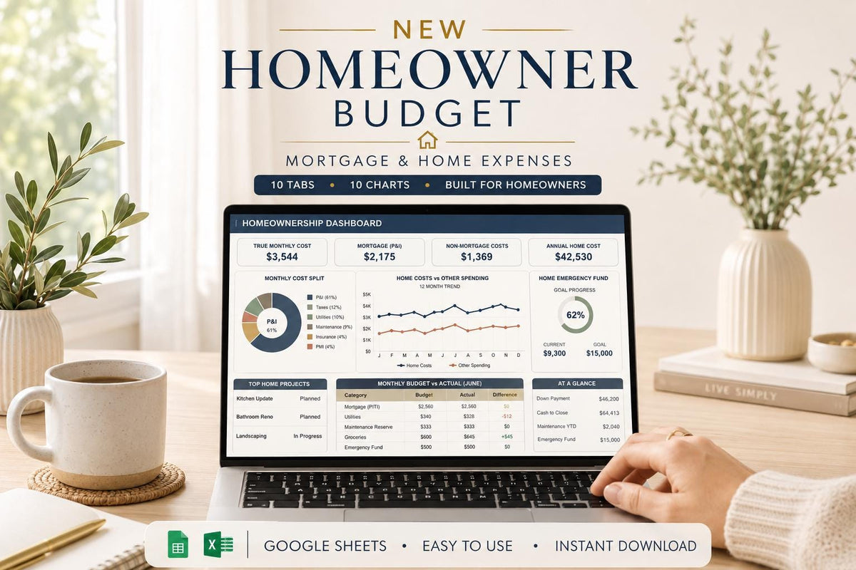 New Homeowner Budget Spreadsheet: PITI Mortgage Calculator, Maintenance Log (Google Sheets)