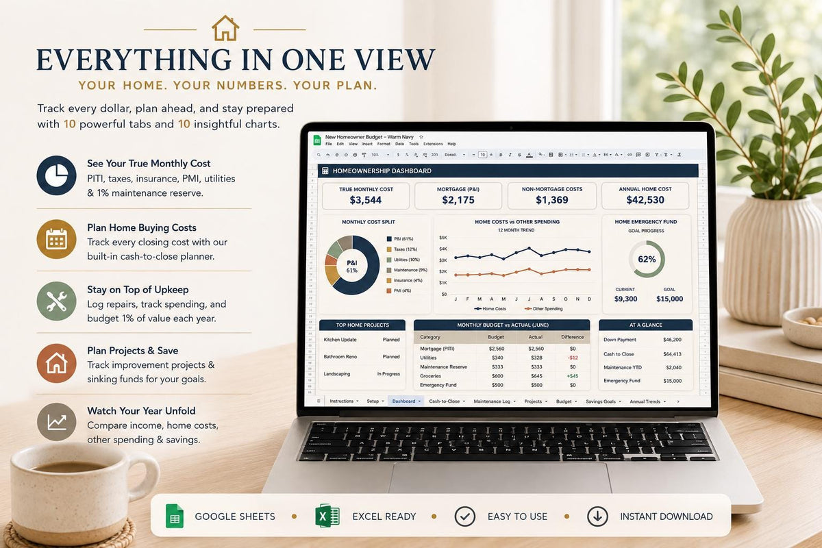 New Homeowner Budget Spreadsheet: PITI Mortgage Calculator, Maintenance Log (Google Sheets)