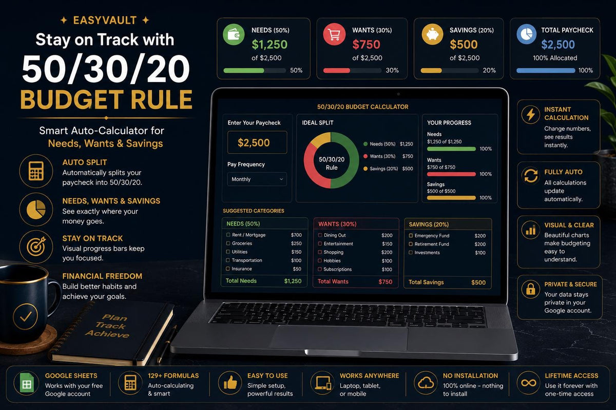 Dark Mode Paycheck Budget Planner | Navy Gold 50/30/20 Calculator (Google Sheets)