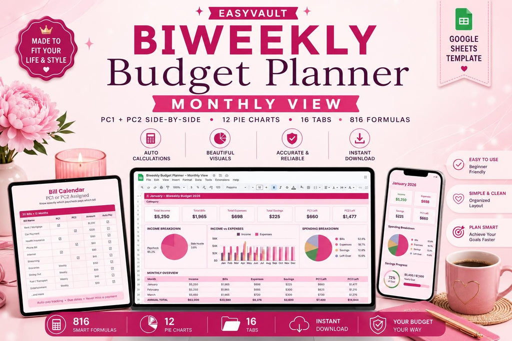 Biweekly Budget Planner | PC1/PC2 Monthly View, 816 Formulas (Google Sheets)