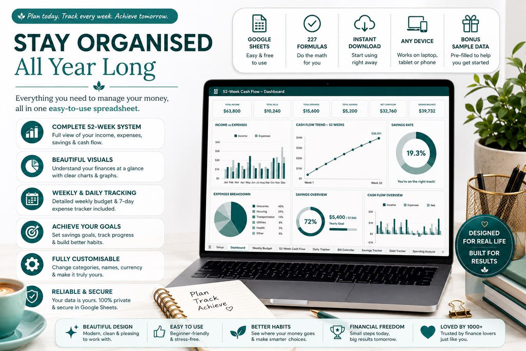 52-Week Cash Flow Tracker | Weekly Budget Planner with Running Balance (Google Sheets)