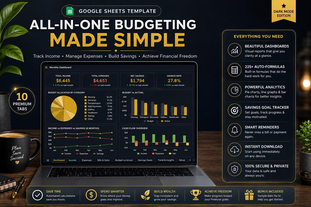 Dark Mode Monthly Budget Spreadsheet: Google Sheets Finance Tracker (Digital Download)