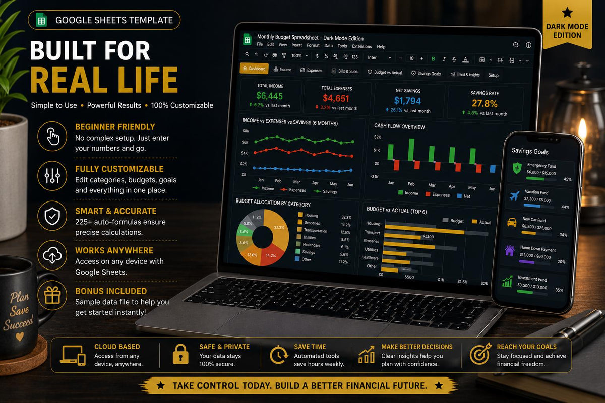 Dark Mode Monthly Budget Spreadsheet: Google Sheets Finance Tracker (Digital Download)