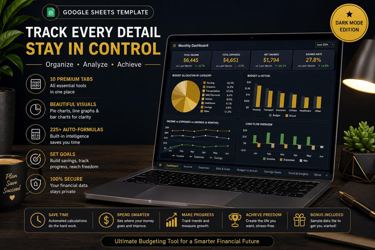 Dark Mode Monthly Budget Spreadsheet: Google Sheets Finance Tracker (Digital Download)