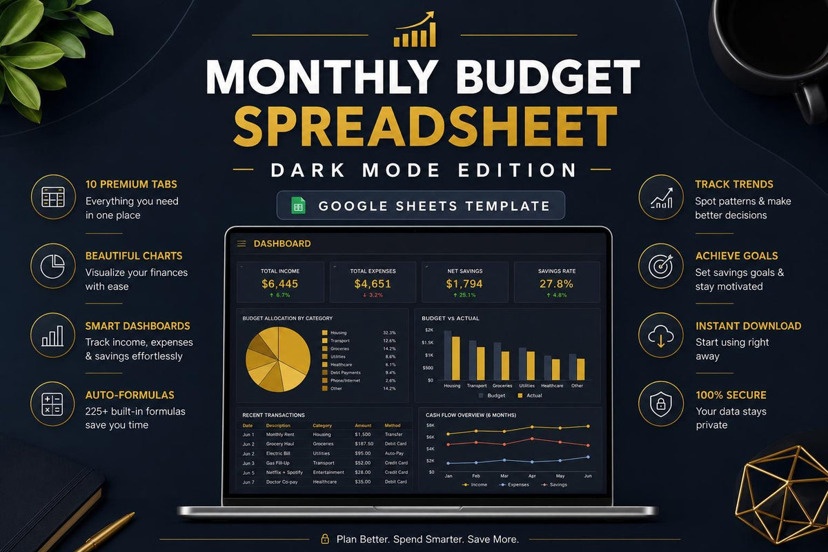 Dark Mode Monthly Budget Spreadsheet: Google Sheets Finance Tracker (Digital Download)
