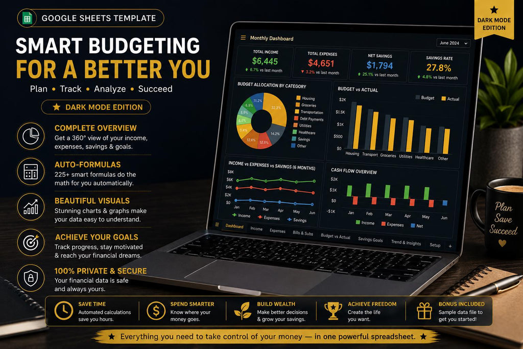 Dark Mode Monthly Budget Spreadsheet: Google Sheets Finance Tracker (Digital Download)