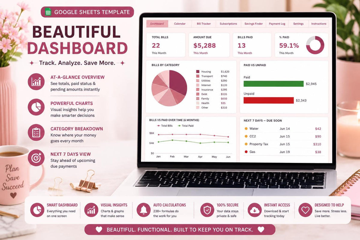 Blush Pink Bill Payment Calendar & Tracker (Google Sheets Template)