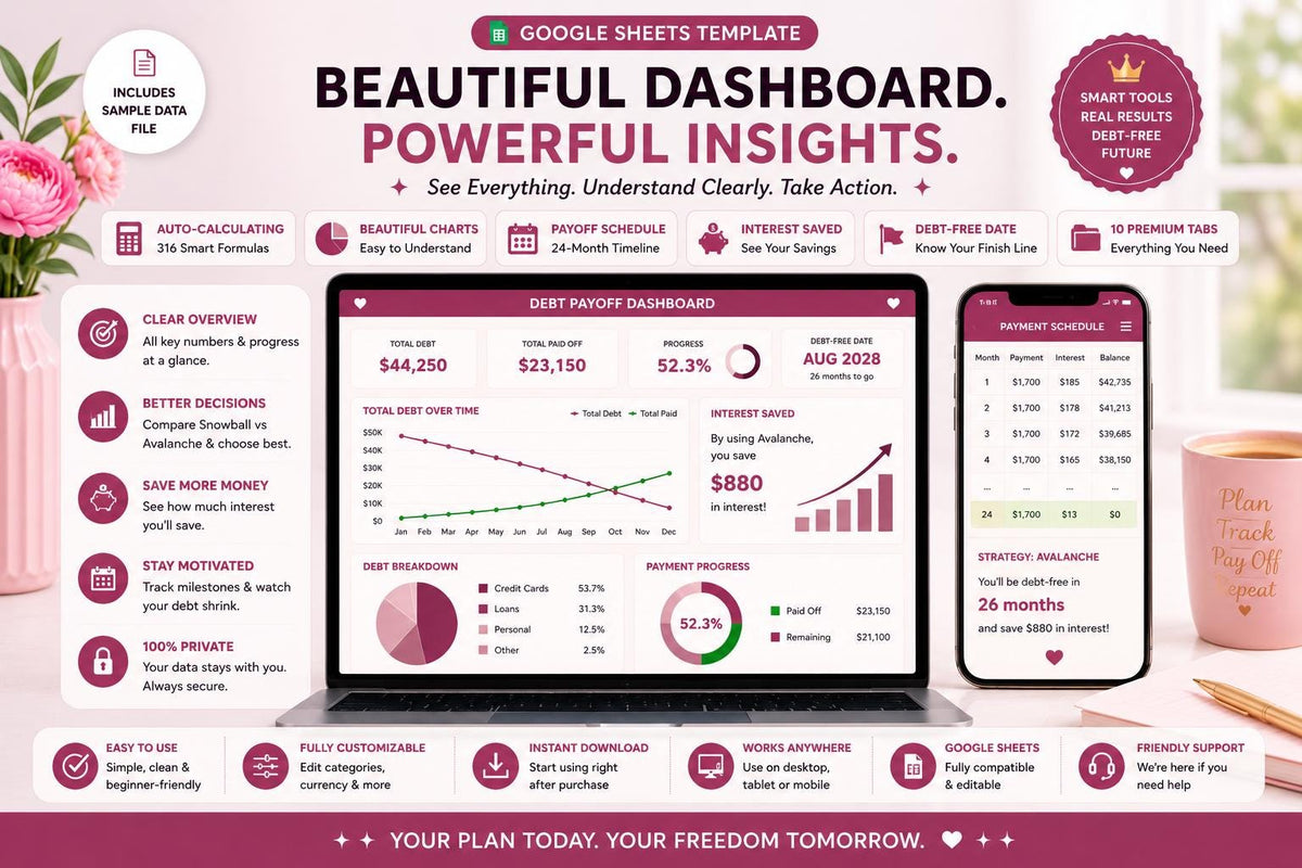 Debt Snowball & Avalanche Tracker: Google Sheets Payoff Planner (Digital Download)