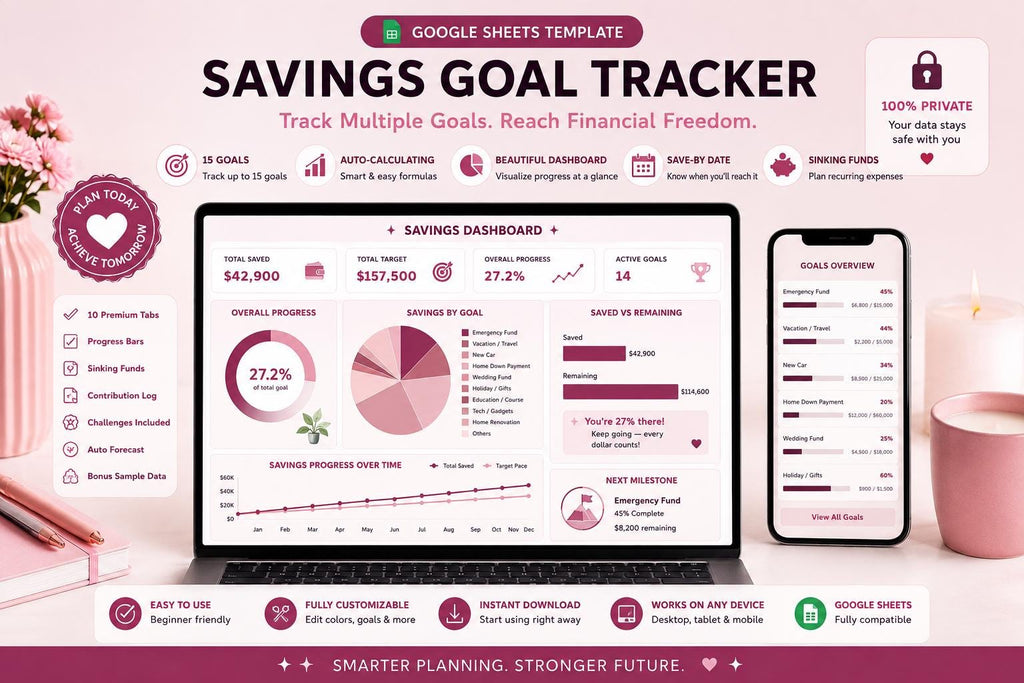 Blush Pink Savings Goal Tracker: 15 Goals, Sinking Funds, Challenges (Google Sheets)