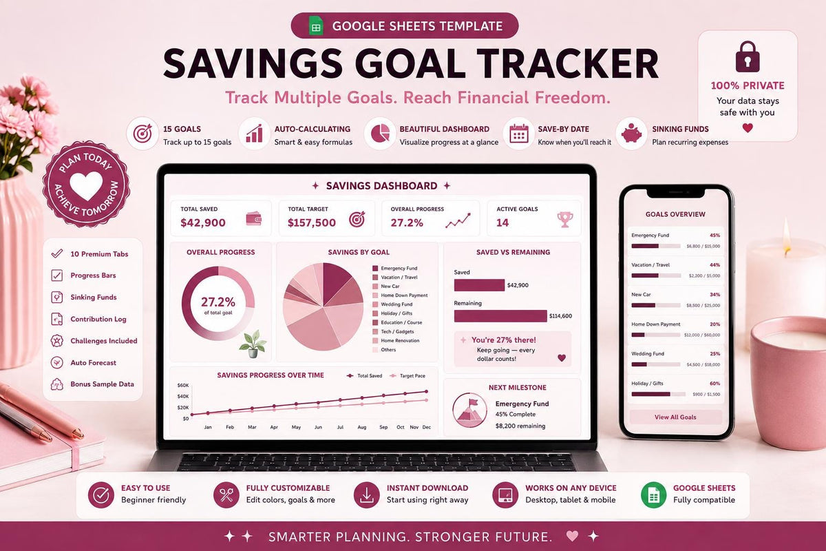 Blush Pink Savings Goal Tracker: 15 Goals, Sinking Funds, Challenges (Google Sheets)