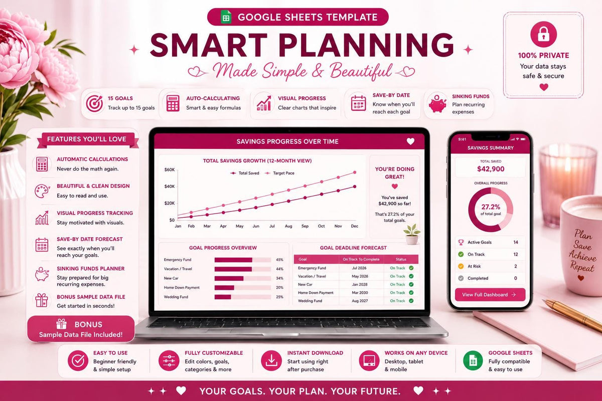 Blush Pink Savings Goal Tracker: 15 Goals, Sinking Funds, Challenges (Google Sheets)