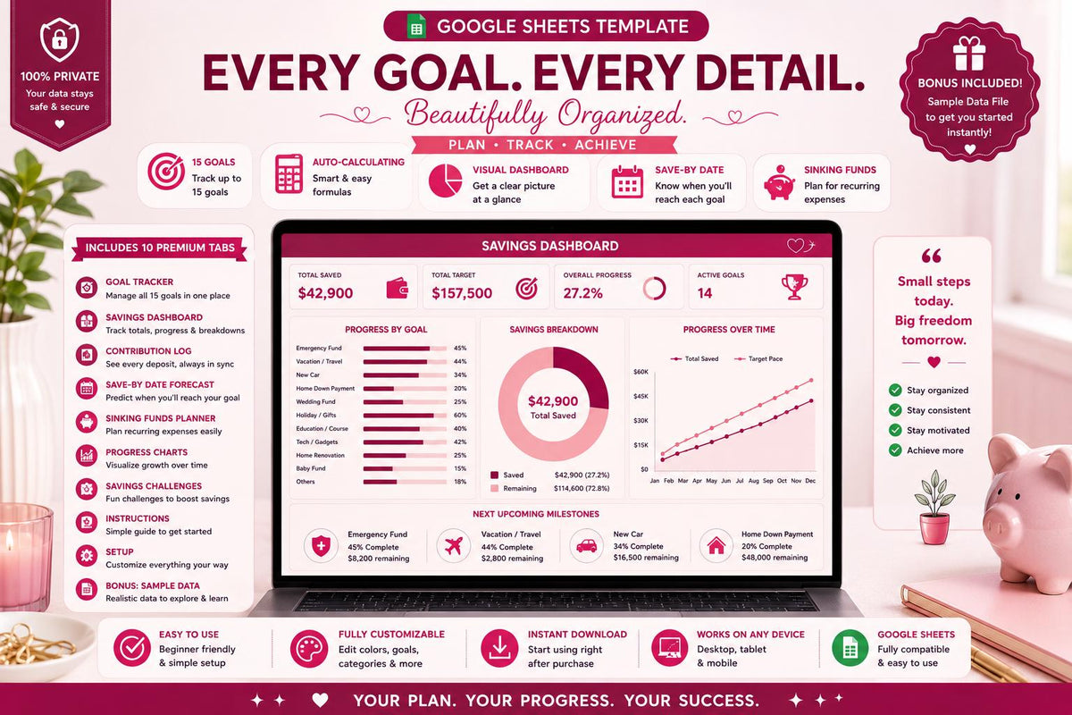 Blush Pink Savings Goal Tracker: 15 Goals, Sinking Funds, Challenges (Google Sheets)