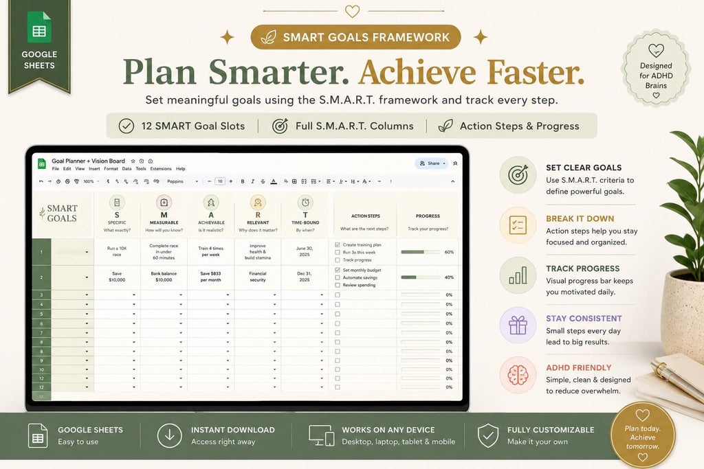 ADHD Goal Planner Google Sheets | SMART Goals Vision Board, Quarterly Tracker