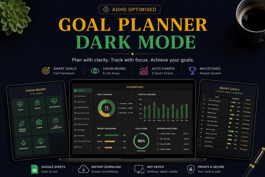 ADHD Goal Planner Dark Mode Google Sheets | SMART Goals Vision Board (Digital Download)