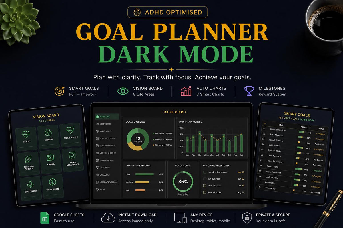 ADHD Goal Planner Dark Mode Google Sheets | SMART Goals Vision Board (Digital Download)