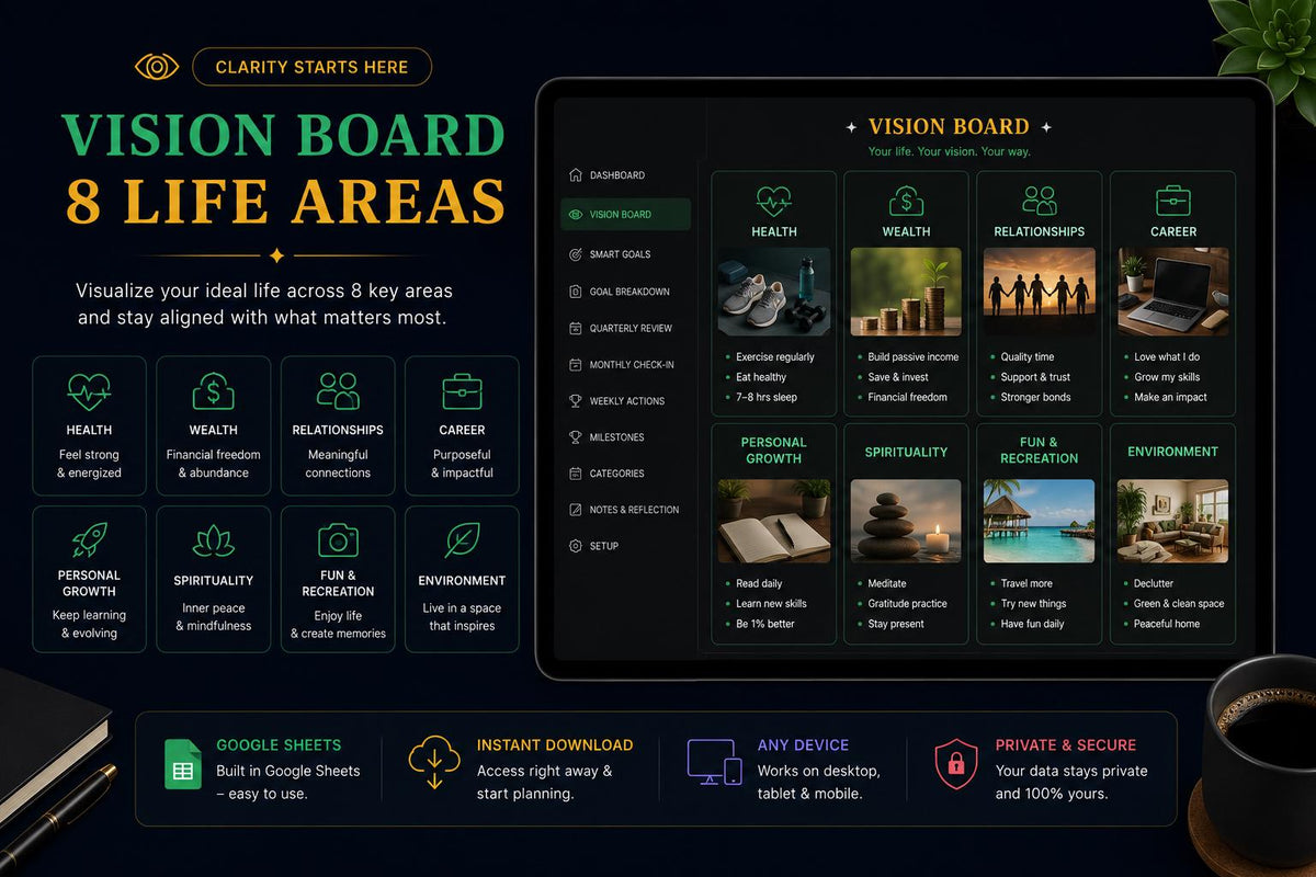 ADHD Goal Planner Dark Mode Google Sheets | SMART Goals Vision Board (Digital Download)