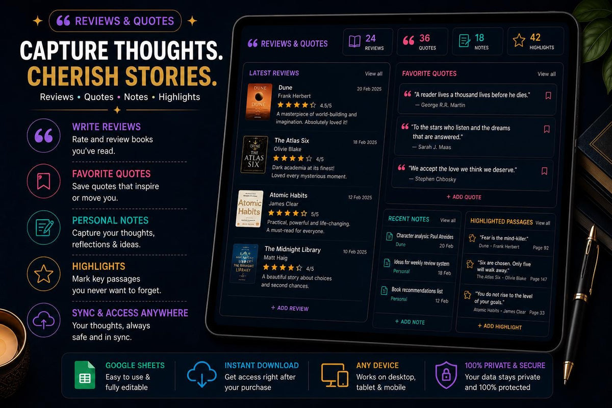 ADHD Book Tracker Google Sheets | Dark Academia Reading Journal (Digital Download)