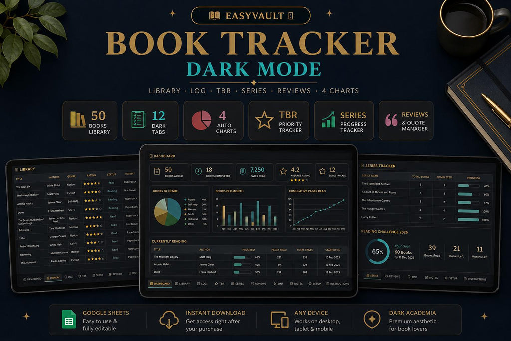ADHD Book Tracker Google Sheets | Dark Academia Reading Journal (Digital Download)